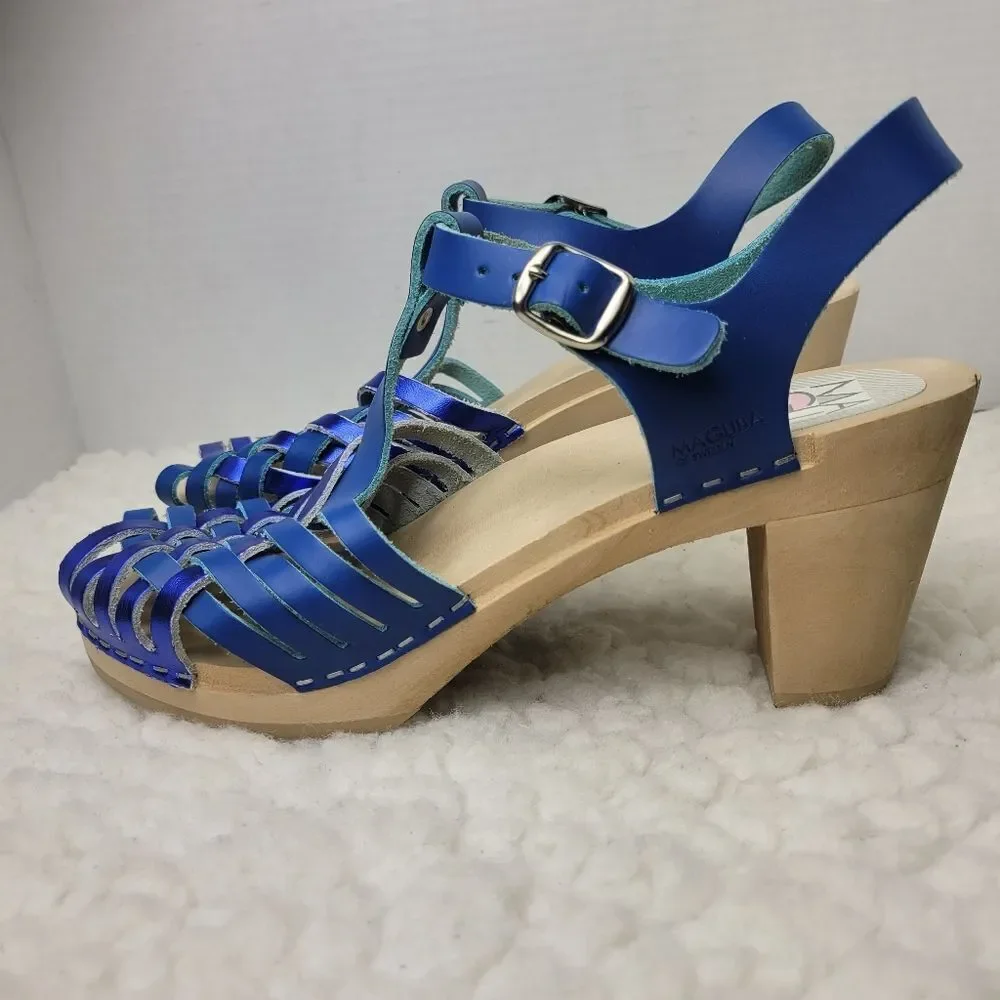 Maguba of Sweden Women's Wooden Heel  Shoes Size 11.5 Blue Strappy Leather